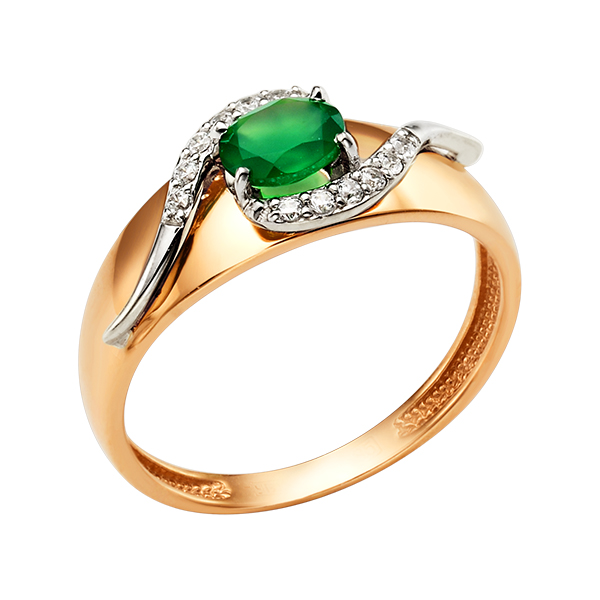 Золотое кольцо с зелёным агатом и фианитами