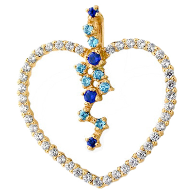 Подвеска из золота "сердце" с белыми, голубыми и синими фианитами