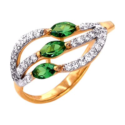 Кольцо из золота с зелеными и белыми фианитами