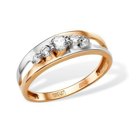 Золоте кольцо с родиевым покрытием и фианитами