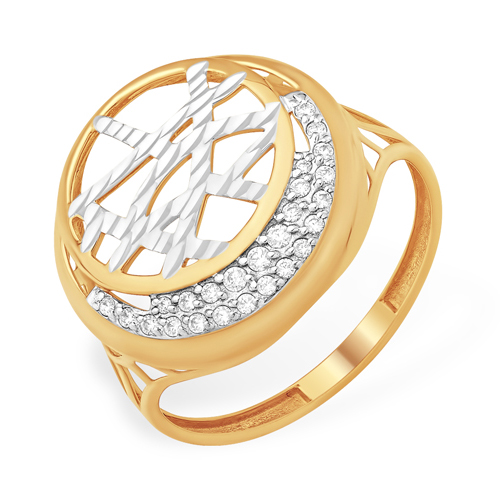 Крупное круглое кольцо с алмазной гранью и фианитами