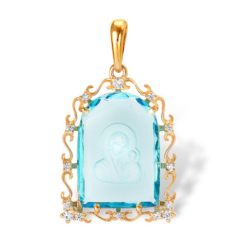 Подвеска-иконка из золота с ликом на голубом кварце "Казанская икона Божией Матери"
