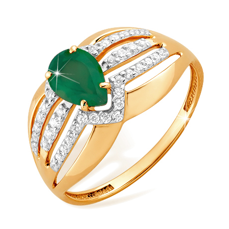 Кольцо из золота с зеленым агатом и фианитами