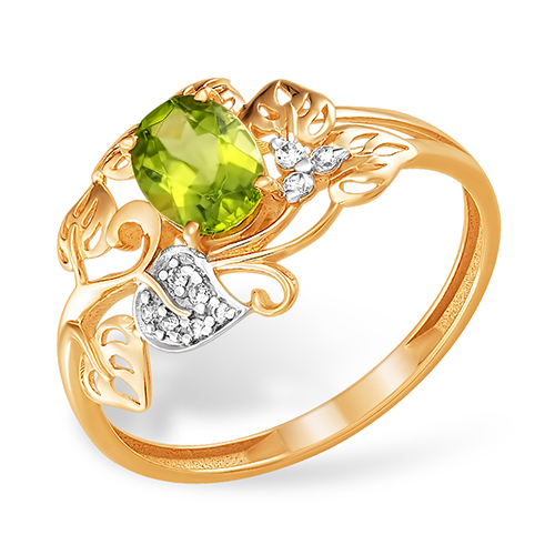 Золотое кольцо "листья" с хризолитом