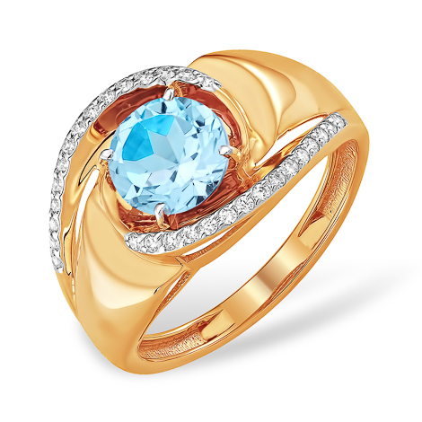 Широкое золотое кольцо с голубым топазом
