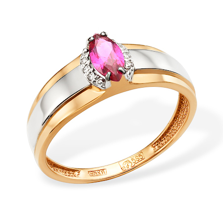 Золотое кольцо с рубиновым корундом и фианитами