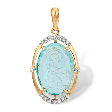 Золотая подвеска-иконка с ликом на голубом кварце "Владимирская икона Божией Матери"