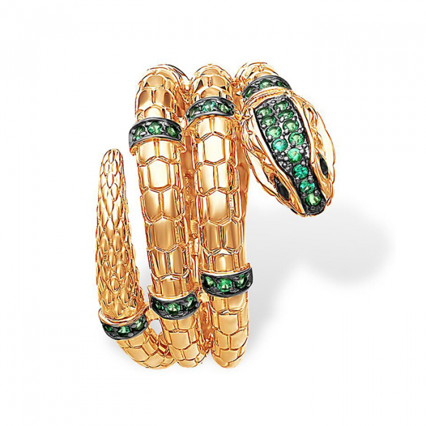 Золотое кольцо "змея" с зелёными фианитами