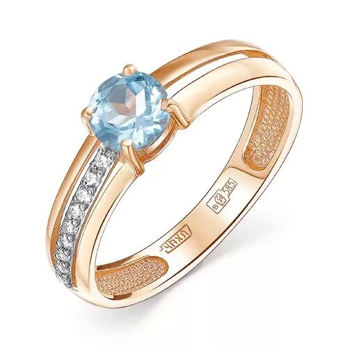 Золотое кольцо с голубым топазом и фианитовой дорожкой