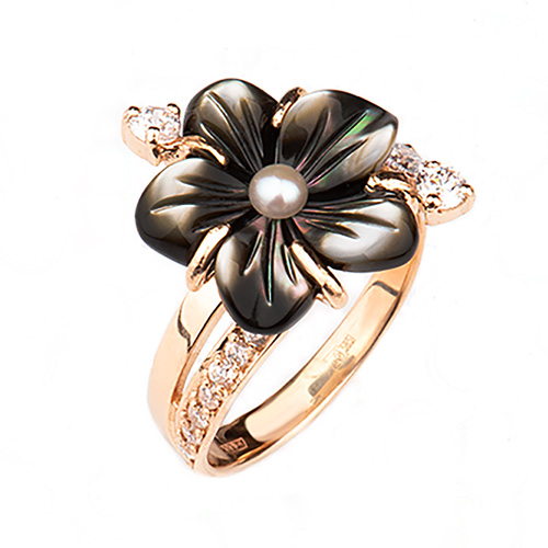 Кольцо из золота "цветок" с черным перламутром, жемчугом и фианитами