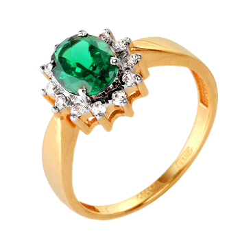 Кольцо из золота с зеленой шпинелью и фианитами