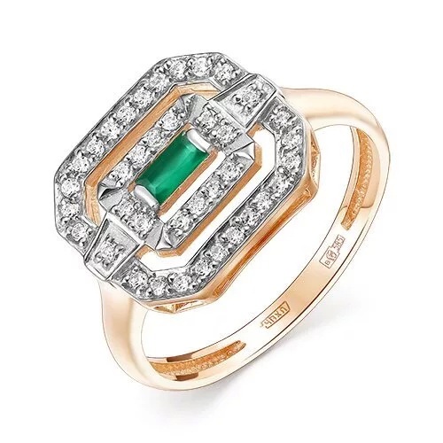 Крупное кольцо с зелёным агатом и фианитами