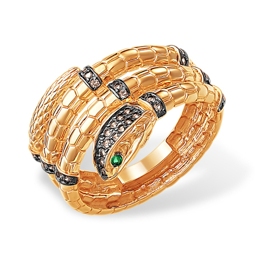 Золотое кольцо "змея" с коричневыми и зелёными фианитами