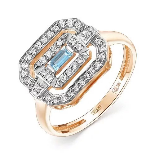 Золотое кольцо с голубым топазом и фианитами 
