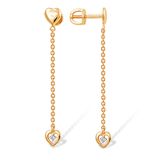 Серьги-цепочки "сердечки" из золота с фианитами
