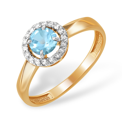 Небольшое кольцо с голубым топазом в обрамлении фианитов