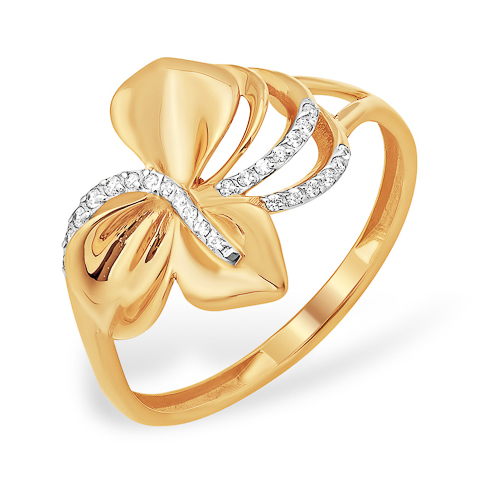 Лёгкое золотое кольцо в вид банта с фианитами