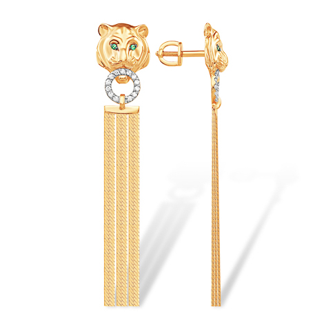 Серьги-пусеты "тигр" из золота с подвесными цепочками