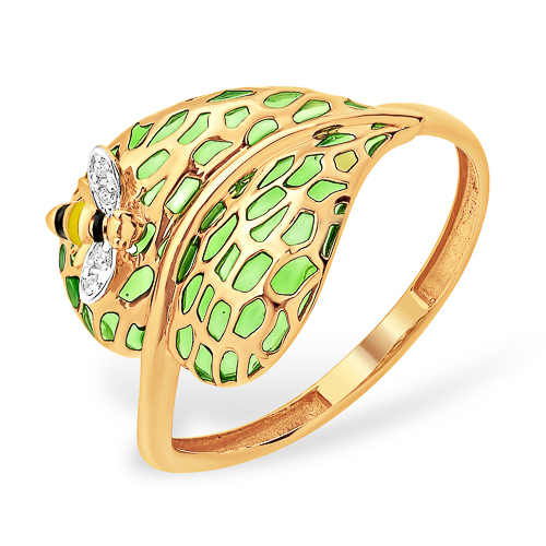 Золотое кольцо "зелёный листик" с пчелой