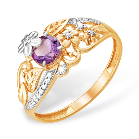 Золотое кольцо "цветы" с аметистом