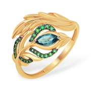 Золоте кольцо "перо павлина" с лондон топазом и зелёными фианитами