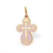 Золотой крестик для девочки с розовой эмалью и фианитами