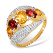 Золотое кольцо с цитринами, гранатами и фианитами