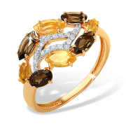 Золотое кольцо с раух-топазами, цитринами и фианитами