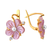 Золотые серьги "цветок" с розовым перламутром, жемчугом и фианитами