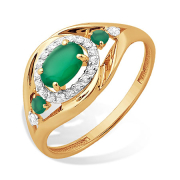 Золотое кольцо с зелёными агатами и фианитами