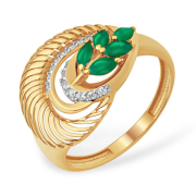 Золотое кольцо оригинальной формы с зелёным агатом и фианитами