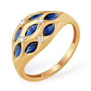 Красивое золотое кольцо с гидротермальными сапфирами и фианитами