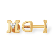 Золотые серьги-пусеты "буква М" с фианитами