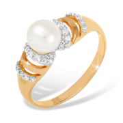 Золотое кольцо с белым жемчугом и фианитами