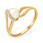 Золотое кольцо с жемчугом и дорожкой из фианитов