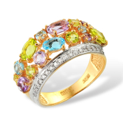 Золотое кольцо с хризолитами, аметистами, топазами и фианитами